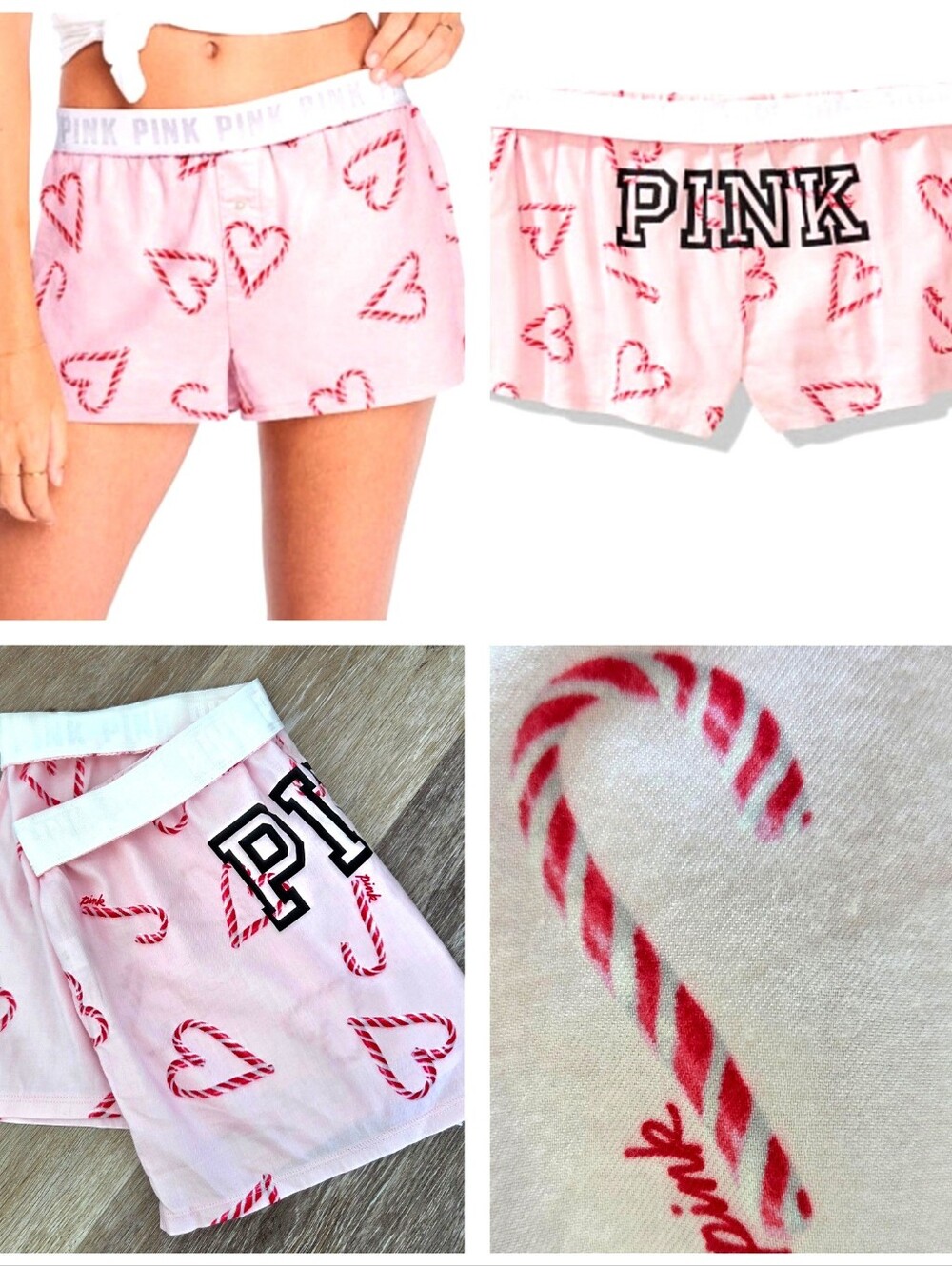 Victoria's Secret PINK Flannel Candy Cane Heart Print Boxer Pajama Short NWT VTG